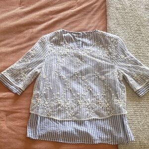 Zara Striped Blue & White Lace Overlay Button Back Women's Top